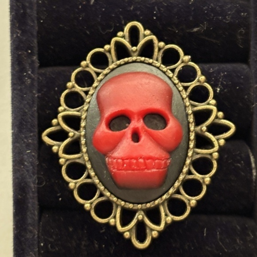 Black and Red Skull Cameo Victorian Style Adjustable Ring, Handmade, NWT